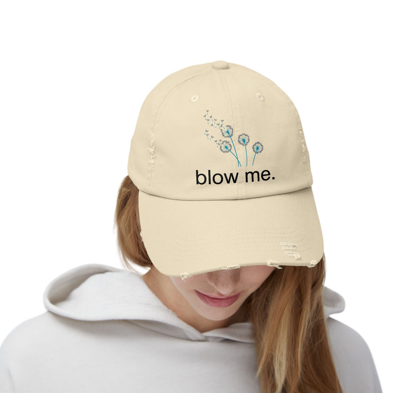 "Blow Me" Dandelion Cap — Distressed Baseball Hat