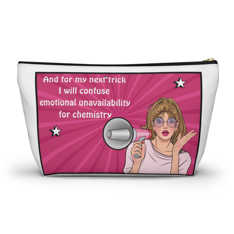 Large Size Accessory Pouch — Pink Pop Art Cosmetic Bag with Quote: “And for my next trick I will confuse emotional unavailability for chemistry”