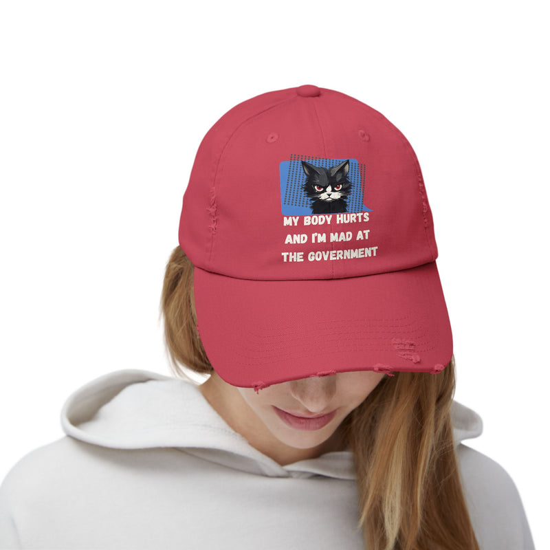 Distressed Cap — Sassy Cat “My Body Hurts and I’m Mad at the Government” Unisex Baseball Hat
