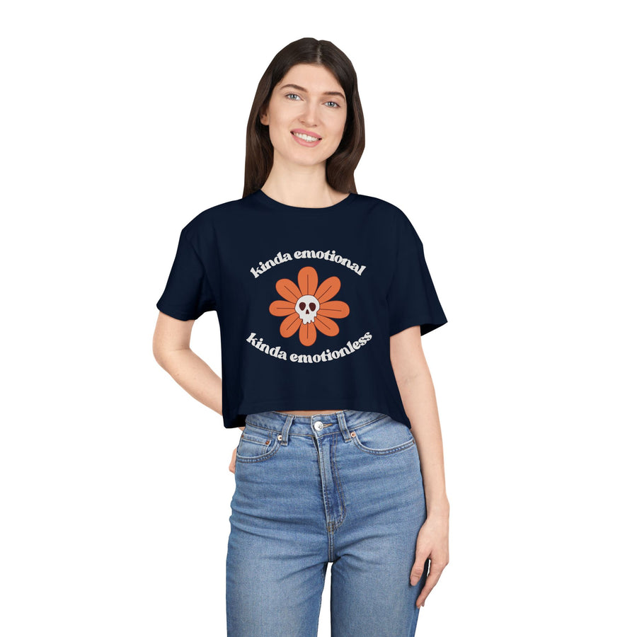 Crop Tee — 'Kinda Emotional, Kinda Emotionless' Retro Flower Skull Graphic T-shirt Top