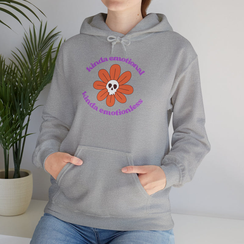 Floral Skull Graphic Hoodie — "Kinda Emotionless, Kinda Emotional" Mental Health Awareness Hooded Sweatshirt