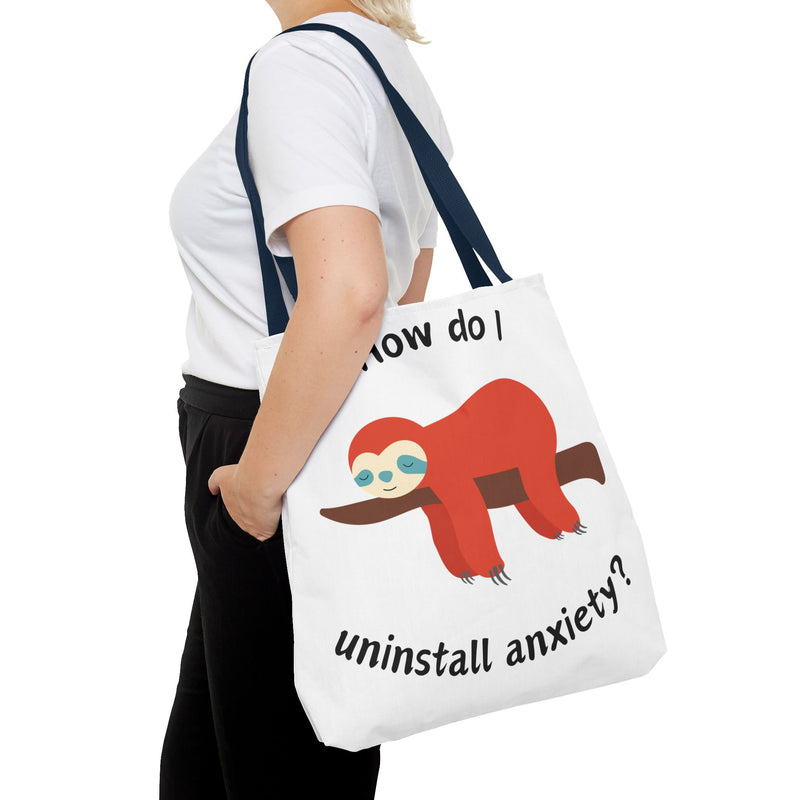 Large 18" x 18" How Do I Uninstall Anxiety? Exhausted Sloth Graphic Tote Bag