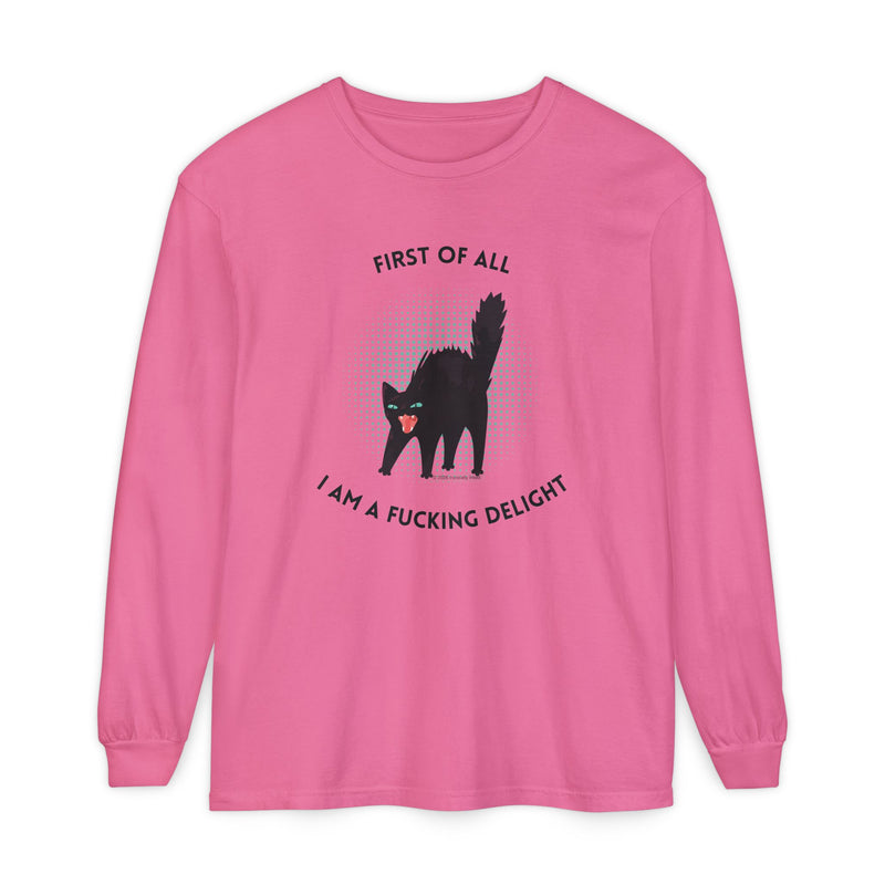 Long Sleeve Tee — “First of All I Am a Fucking Delight” Black Cat Graphic Oversized T-Shirt