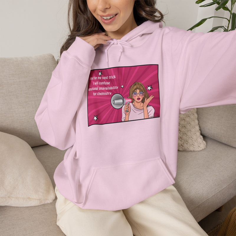 Graphic Hoodie — Retro Pop Art "Emotional Unavailability" Hooded Sweatshirt