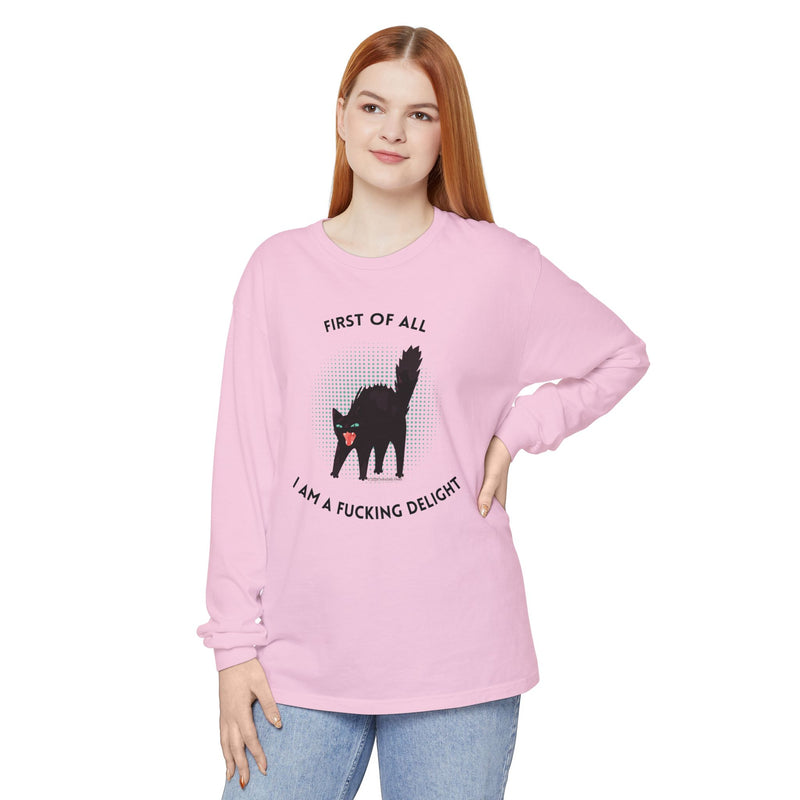 Long Sleeve Tee — “First of All I Am a Fucking Delight” Black Cat Graphic Oversized T-Shirt