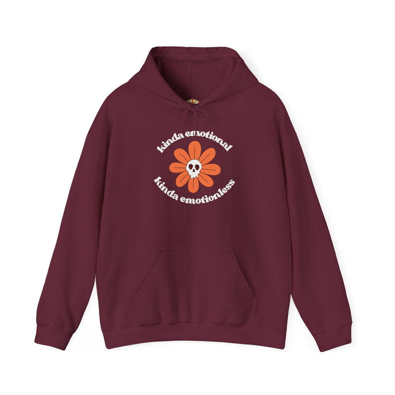 Floral Skull Graphic Hoodie — "Kinda Emotionless, Kinda Emotional" Mental Health Awareness Hooded Sweatshirt