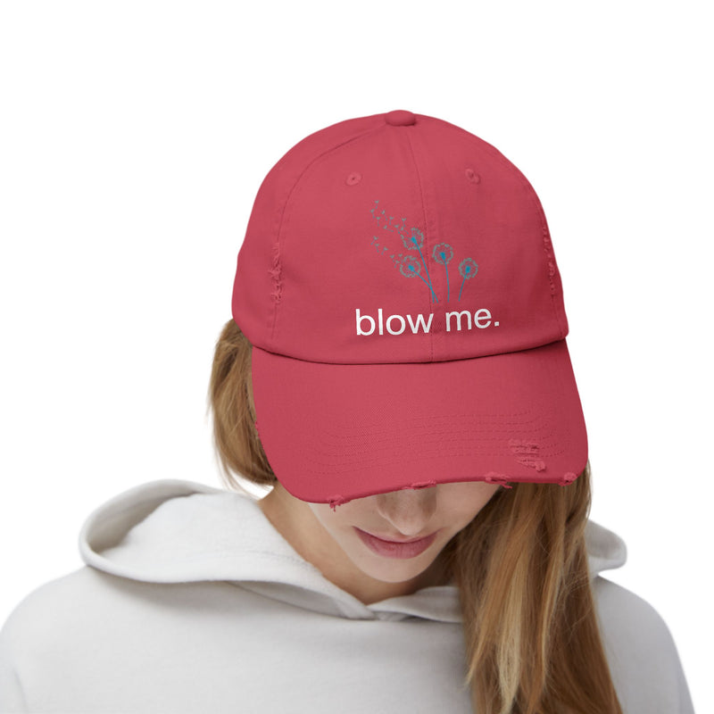 "Blow Me" Dandelion Cap — Distressed Baseball Hat