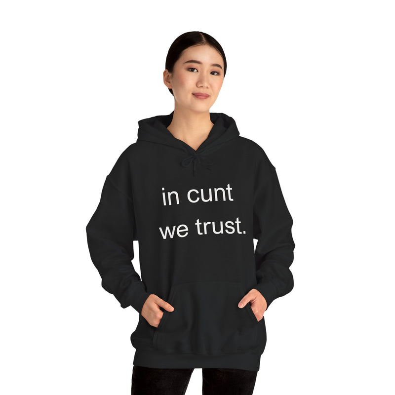 Hoodie — "in cunt we trust." Minimalist Provocative Text Hooded Sweatshirt