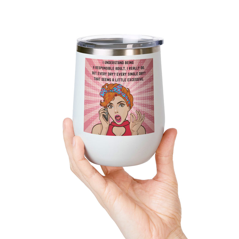 "Responsible Adult"Retro Pop Art Insulated Wine Tumbler - Stainless Steel 12oz