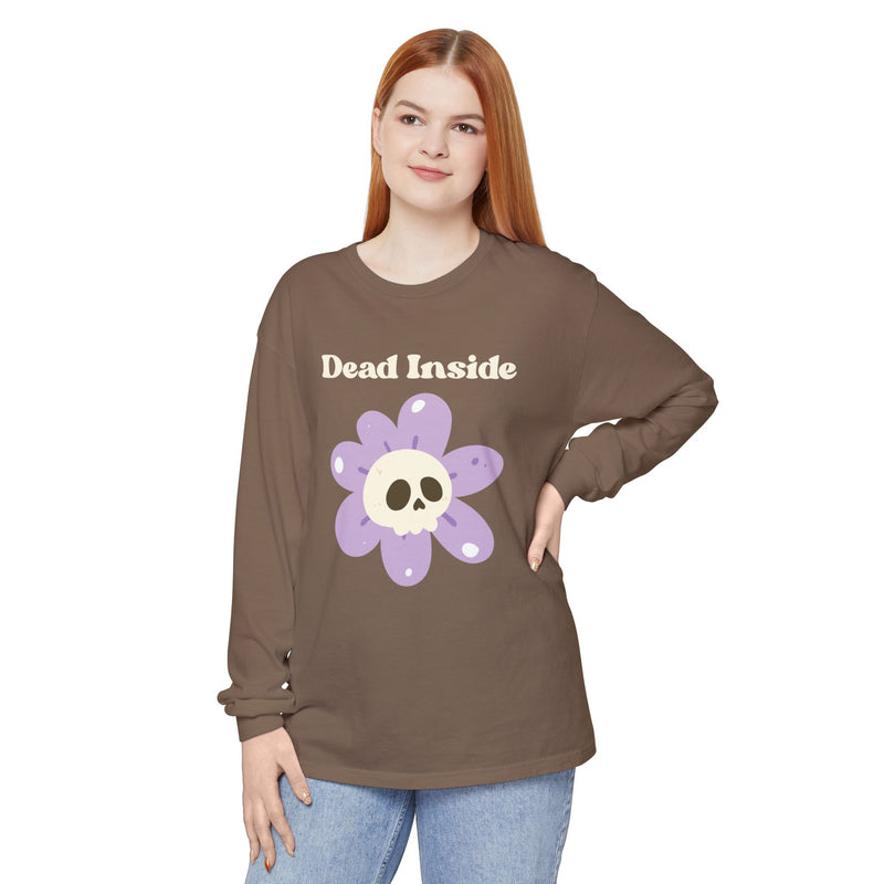 "Dead Inside" Oversized T-Shirt - Skull Flower Long Sleeve Tee