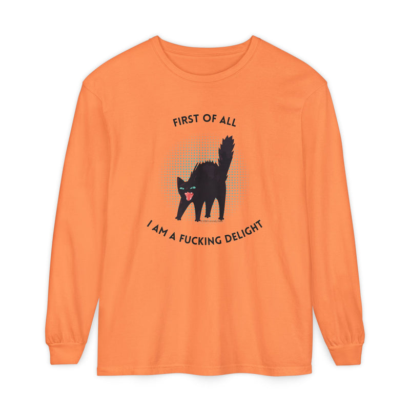 Long Sleeve Tee — “First of All I Am a Fucking Delight” Black Cat Graphic Oversized T-Shirt