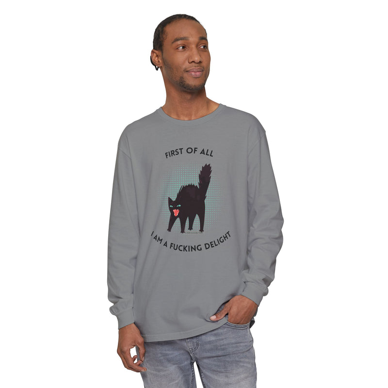 Long Sleeve Tee — “First of All I Am a Fucking Delight” Black Cat Graphic Oversized T-Shirt