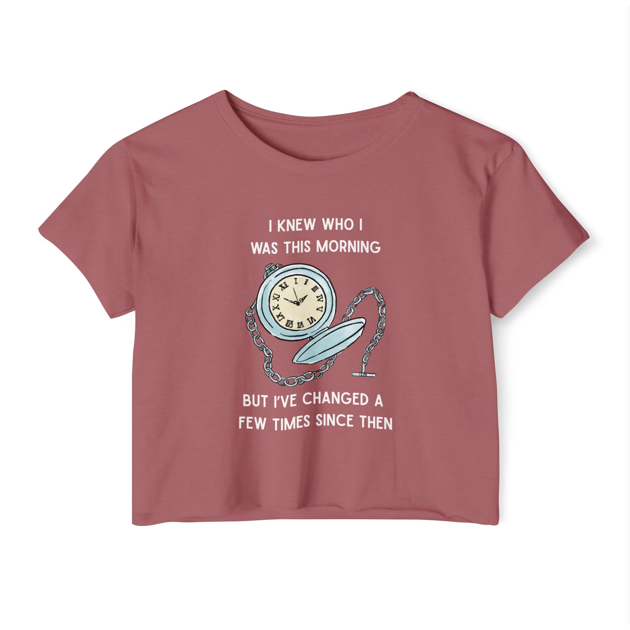 Women's Crop Top T-shirt — 'I Knew Who I Was This Morning' Wonderland Graphic Tee