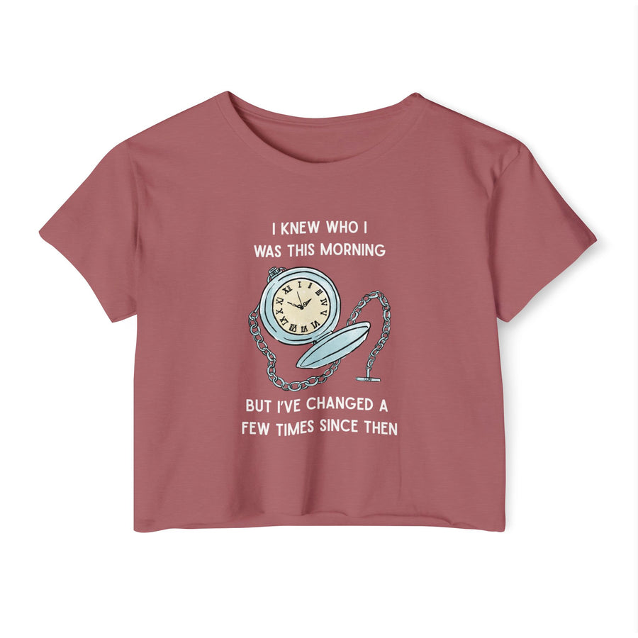Women's Crop Top T-shirt — 'I Knew Who I Was This Morning' Wonderland Graphic Tee