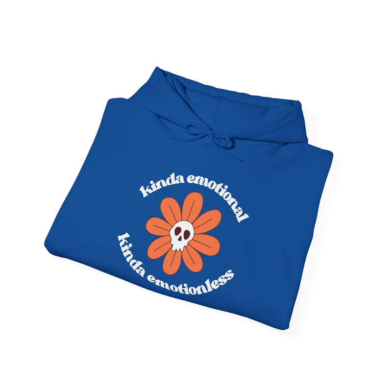 Floral Skull Graphic Hoodie — "Kinda Emotionless, Kinda Emotional" Mental Health Awareness Hooded Sweatshirt