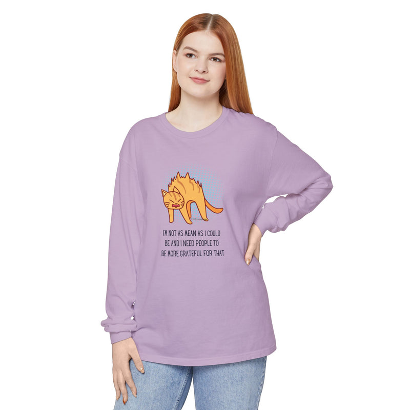 Sassy Cat Illustration Long Sleeve Tee — “I’m Not As Mean As I Could Be” Oversize T-Shirt