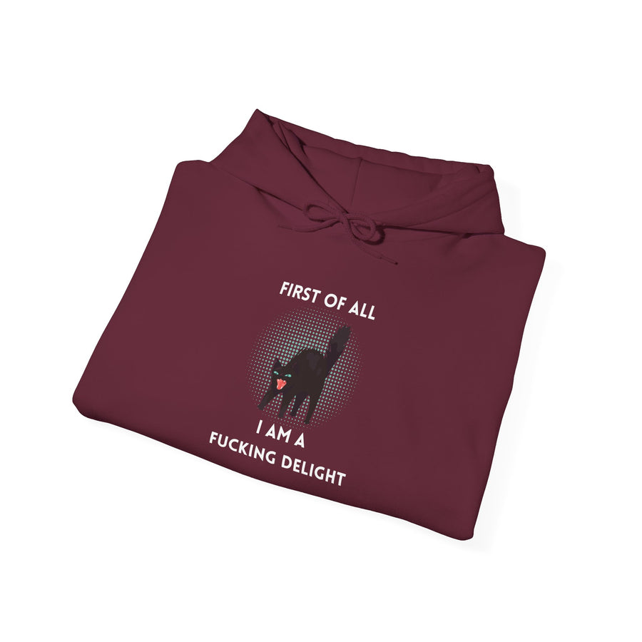 Sassy Cat Hoodie — "...I Am A Fucking Delight!" Graphic Hooded Sweatshirt