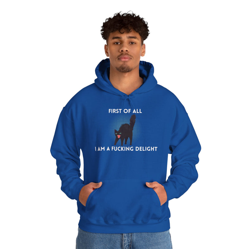 Sassy Cat Unisex Hoodie — "...I Am A Fucking Delight!" Graphic Hooded Sweatshirt