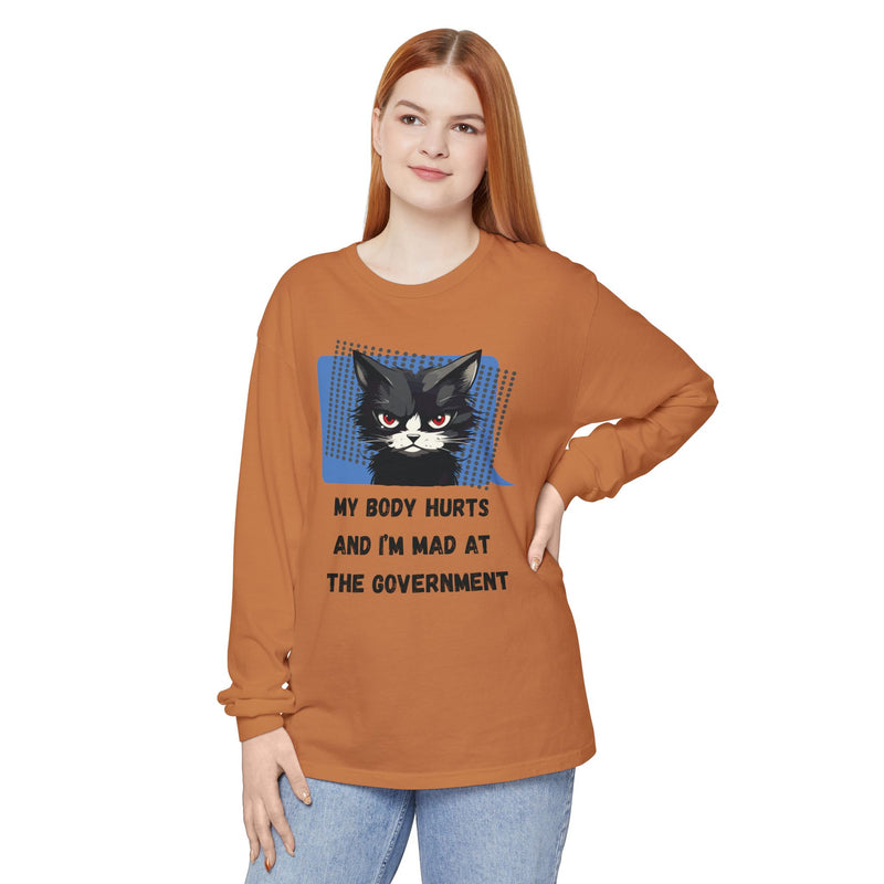 Long Sleeve T‑Shirt – "My Body Hurts and I’m Mad at the Government" Cat Graphic Oversized Tee