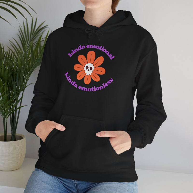Floral Skull Graphic Hoodie — "Kinda Emotionless, Kinda Emotional" Mental Health Awareness Hooded Sweatshirt