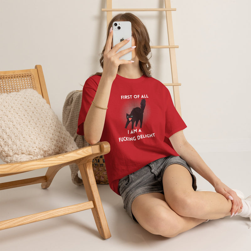 Sassy Cat Graphic Tee — "First of All I Am a Fucking Delight" Black Cat Humor T-Shirt