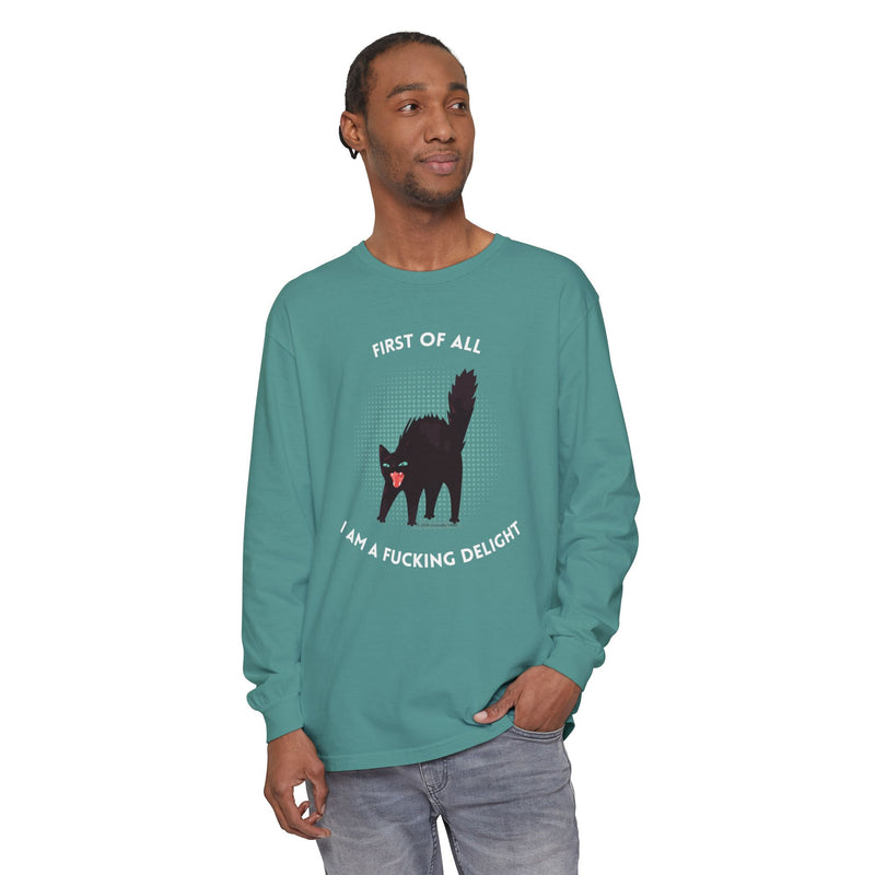 Long Sleeve Tee — “First of All I Am a Fucking Delight” Black Cat Graphic Oversized T-Shirt