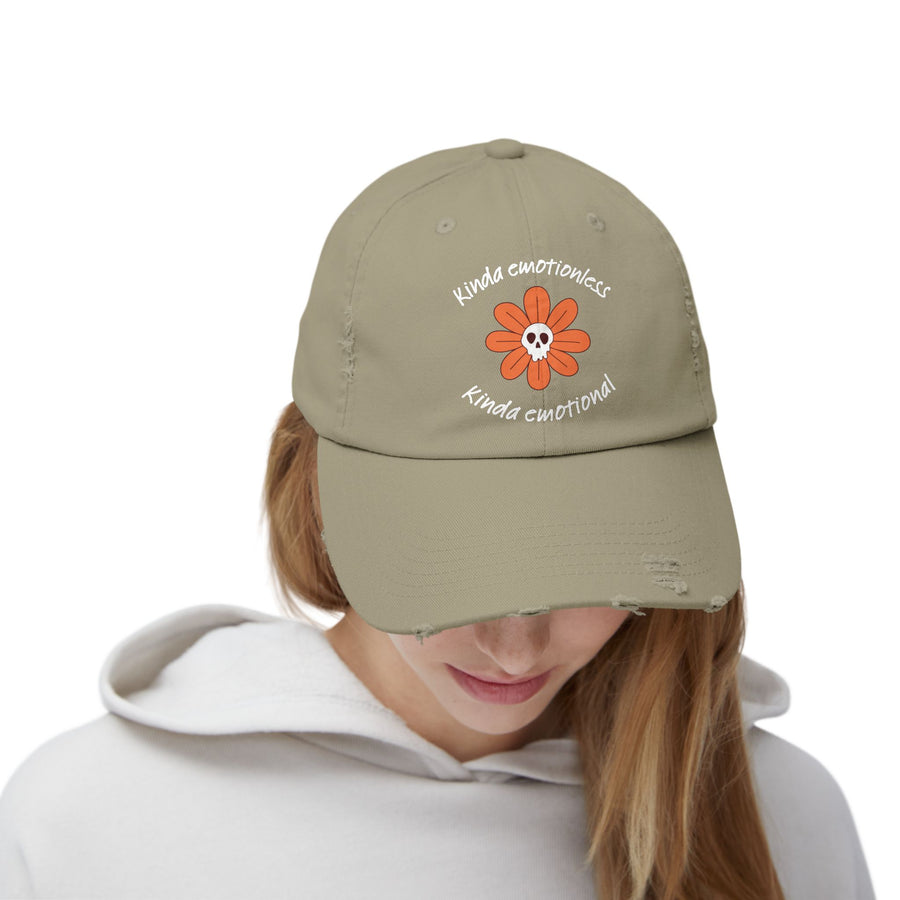 Kinda Emotionless Kinda Emotional Distressed Cap — Floral Skull Baseball Hat