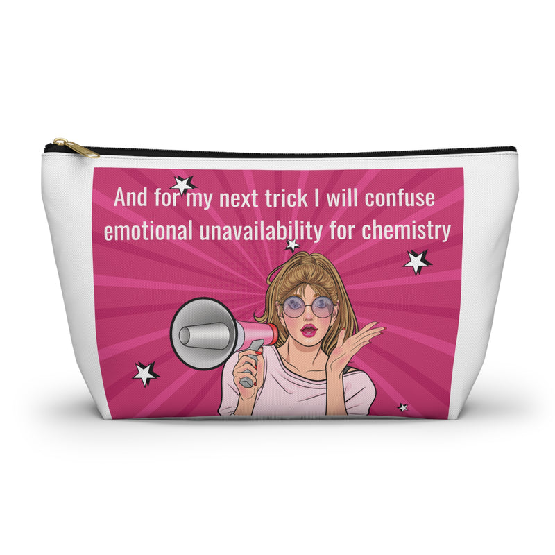 Large Size Accessory Pouch — Pink Pop Art Cosmetic Bag with Quote: “And for my next trick I will confuse emotional unavailability for chemistry”