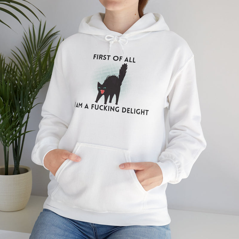 Sassy Cat Unisex Hoodie — "...I Am A Fucking Delight!" Graphic Hooded Sweatshirt