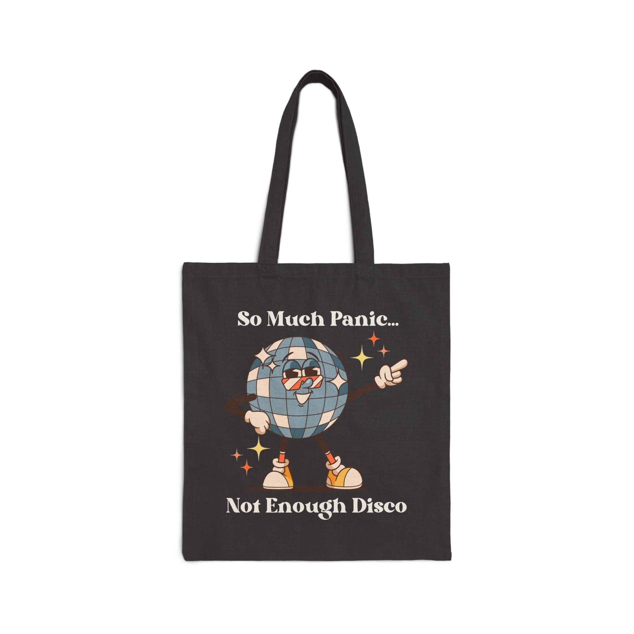 "So Much Panic Not Enough Disco" Canvas Tote Bag — Retro Disco Globe Reusable Market Bag