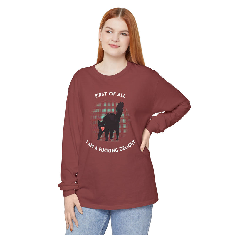 Long Sleeve Tee — “First of All I Am a Fucking Delight” Black Cat Graphic Oversized T-Shirt