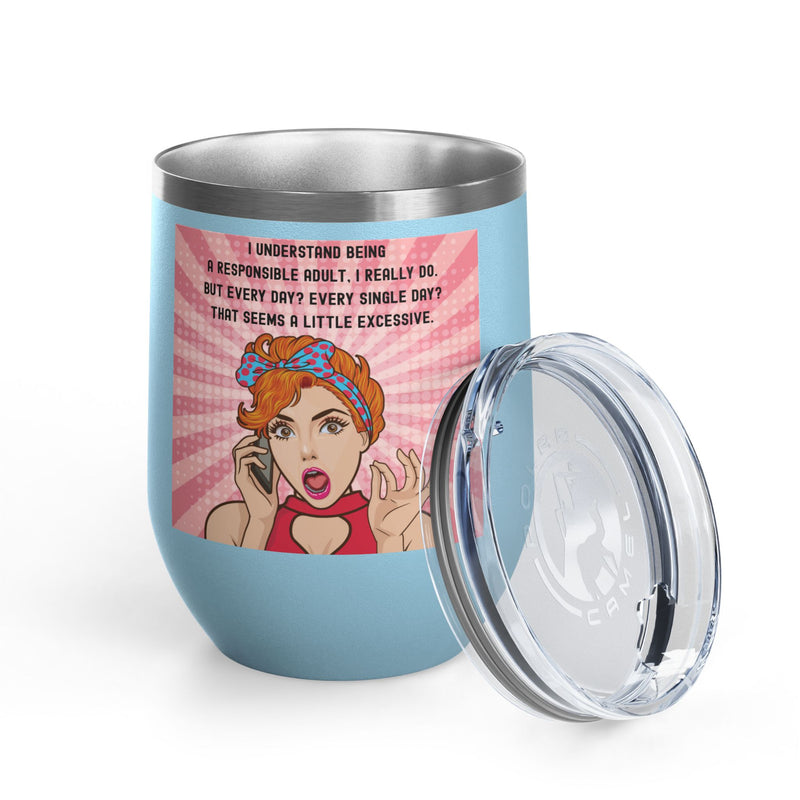 "Responsible Adult"Retro Pop Art Insulated Wine Tumbler - Stainless Steel 12oz