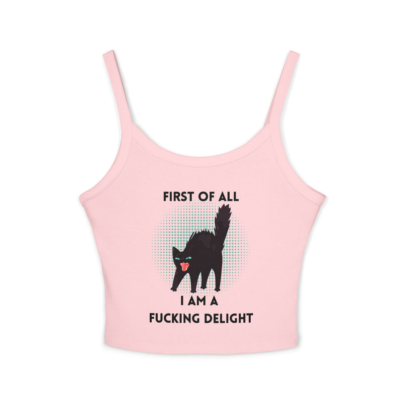 Sassy Cat Tank Top — "First Of All I Am A Fucking Delight" Black Cat Graphic Crop Tank