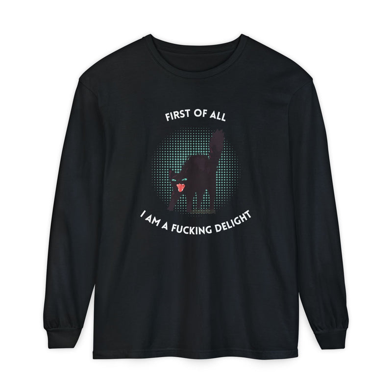 Long Sleeve Tee — “First of All I Am a Fucking Delight” Black Cat Graphic Oversized T-Shirt