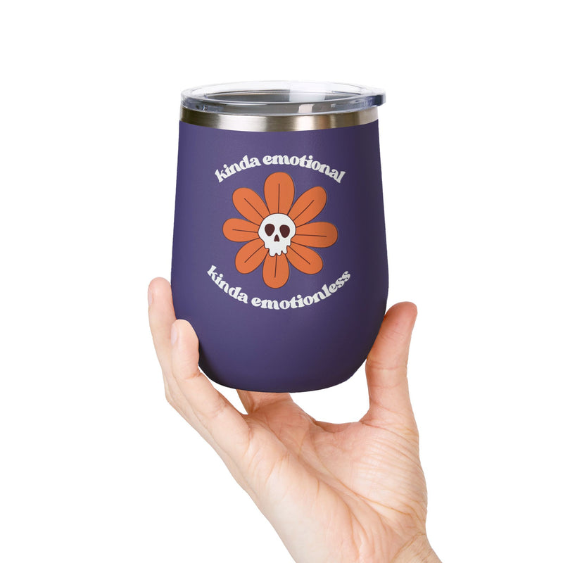 "Kinda Emotional Kinda Emotionless" Graphic Floral Skull Wine Tumbler - Stainless Steel 12oz