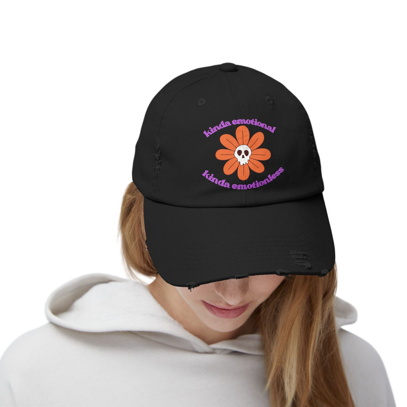 Kinda Emotional Kinda Emotionless Unisex Distressed Cap — Floral Skull Mental Health Awareness Baseball Hat