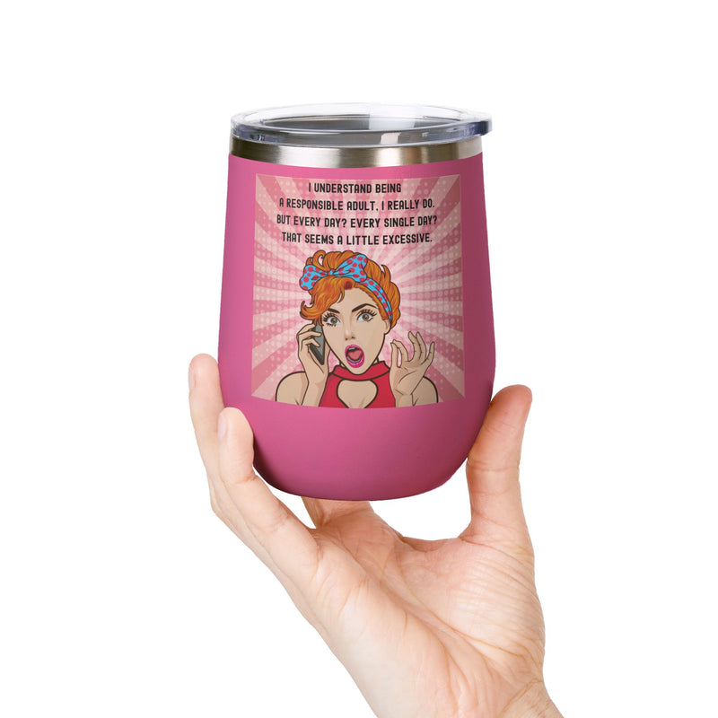 "Responsible Adult"Retro Pop Art Insulated Wine Tumbler - Stainless Steel 12oz