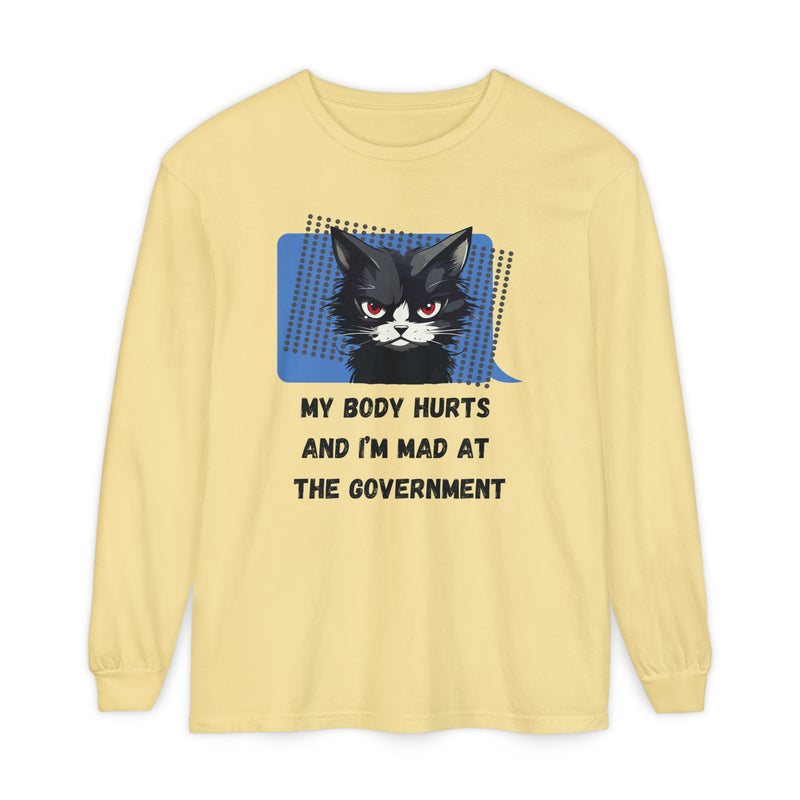 Long Sleeve T‑Shirt – "My Body Hurts and I’m Mad at the Government" Cat Graphic Oversized Tee