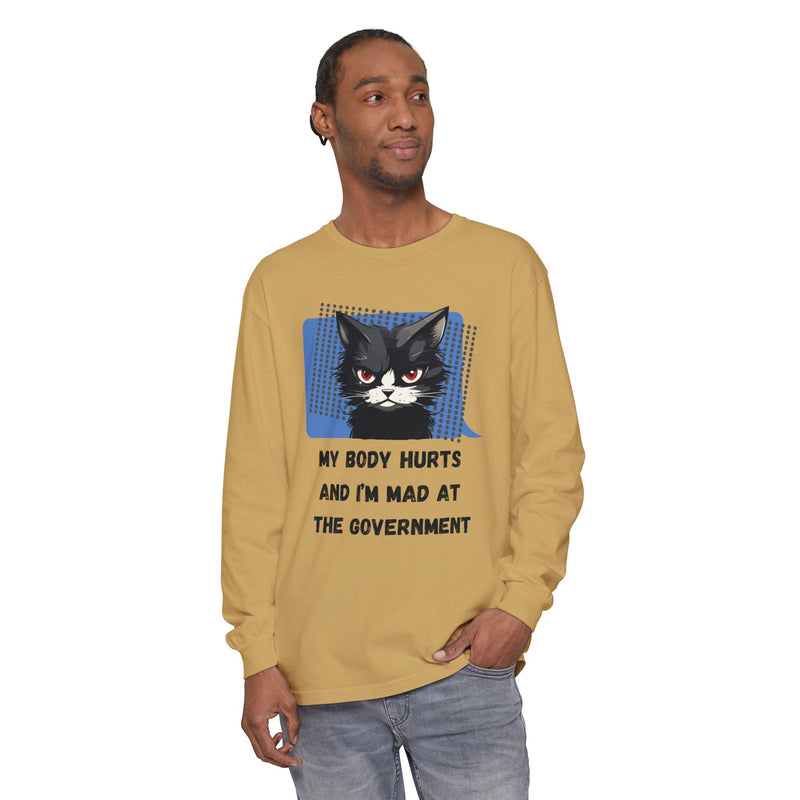 Long Sleeve T‑Shirt – "My Body Hurts and I’m Mad at the Government" Cat Graphic Oversized Tee