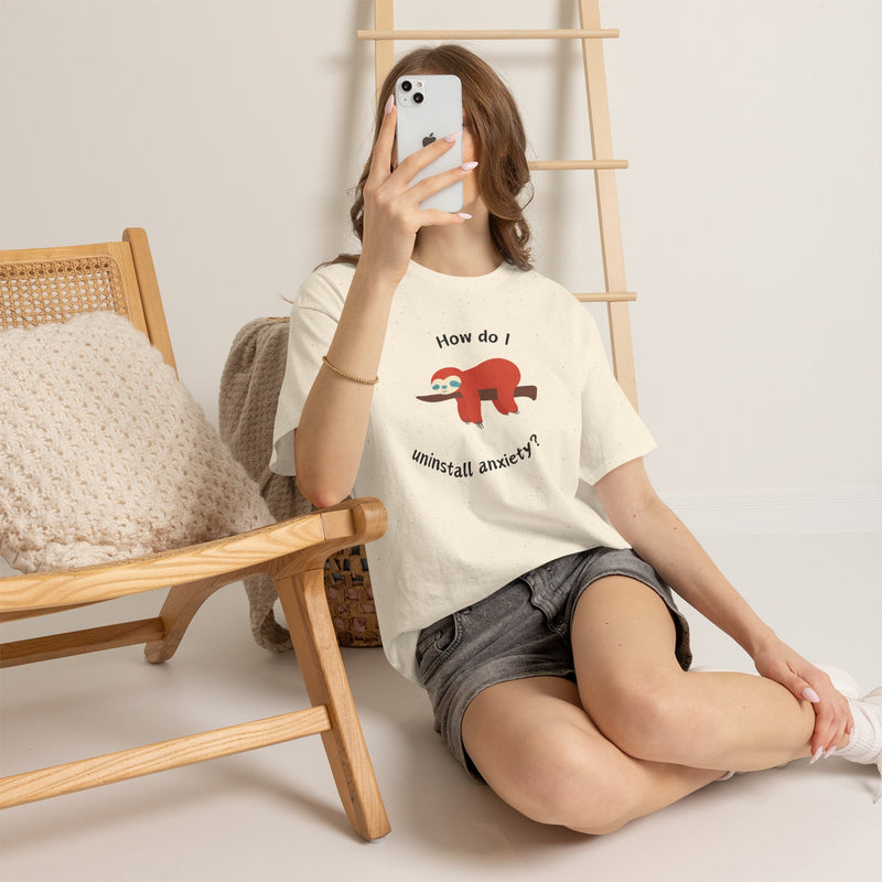 Anxious Sloth Tee — "How do I uninstall anxiety?" Graphic T-Shirt