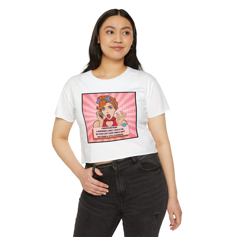 Pop Art Crop Top T-shirt — "Responsible Adult" Graphic Tee for Women