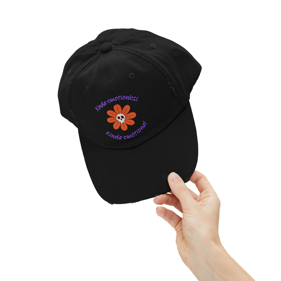 Kinda Emotionless Kinda Emotional Distressed Cap — Floral Skull Baseball Hat