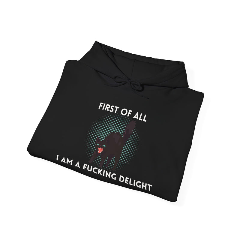Sassy Cat Unisex Hoodie — "...I Am A Fucking Delight!" Graphic Hooded Sweatshirt