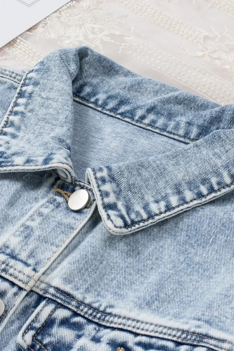 Light Blue Distressed Denim Jacket with Raw Hem – Femstylo