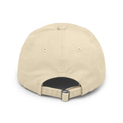 Ironically Inked beige cotton twill cap, back view showing the adjustable hideaway strap and metal D-ring slider.