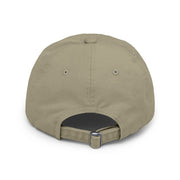 Back view of Ironically Inked beige distressed cotton twill cap with adjustable hideaway strap and metal D-ring.