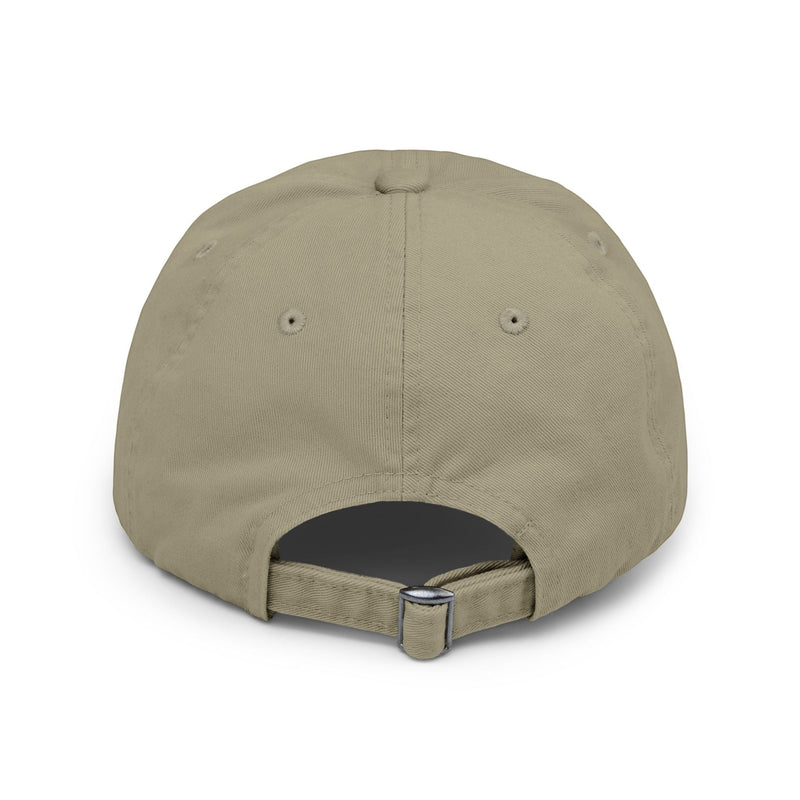 Back view of Ironically Inked beige distressed cotton twill cap with adjustable hideaway strap and metal D-ring.