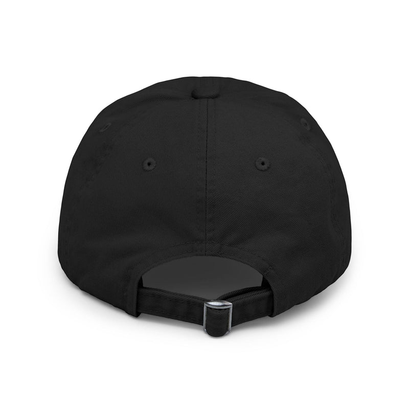 Back view of Ironically Inked black cotton twill distressed cap with adjustable hideaway strap and metal D-ring slider