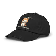 Ironically Inked black distressed cotton twill cap featuring a grumpy orange kitten graphic and cheeky text.