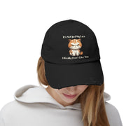 Ironically Inked black distressed cotton cap featuring a grumpy orange cat graphic and funny text on a person